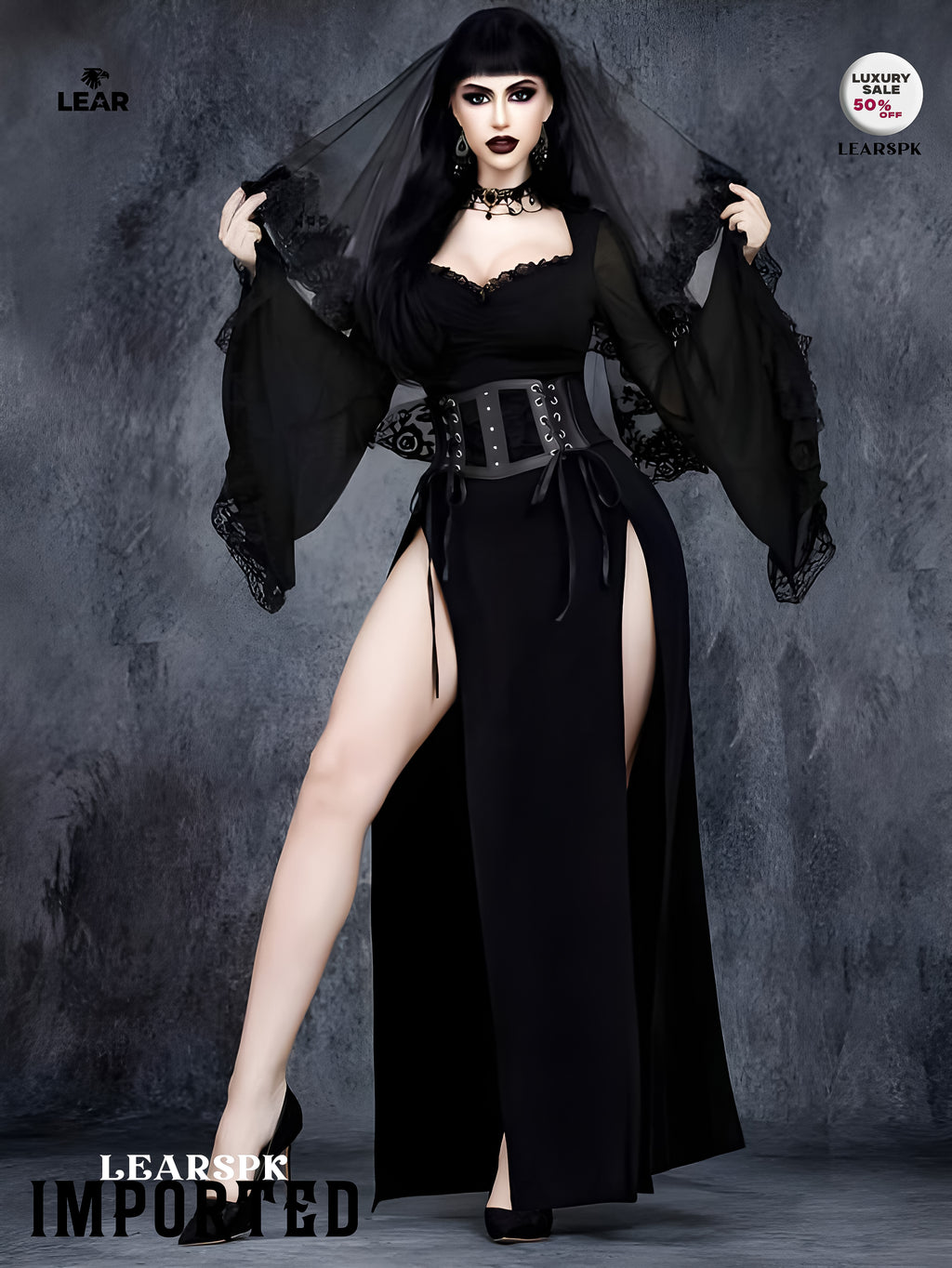Gothic Velvet Maxi Dress: Lace Sleeves, Corset Waist, Halloween Witch Costume