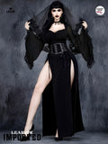 Gothic Velvet Maxi Dress: Lace Sleeves, Corset Waist, Halloween Witch Costume