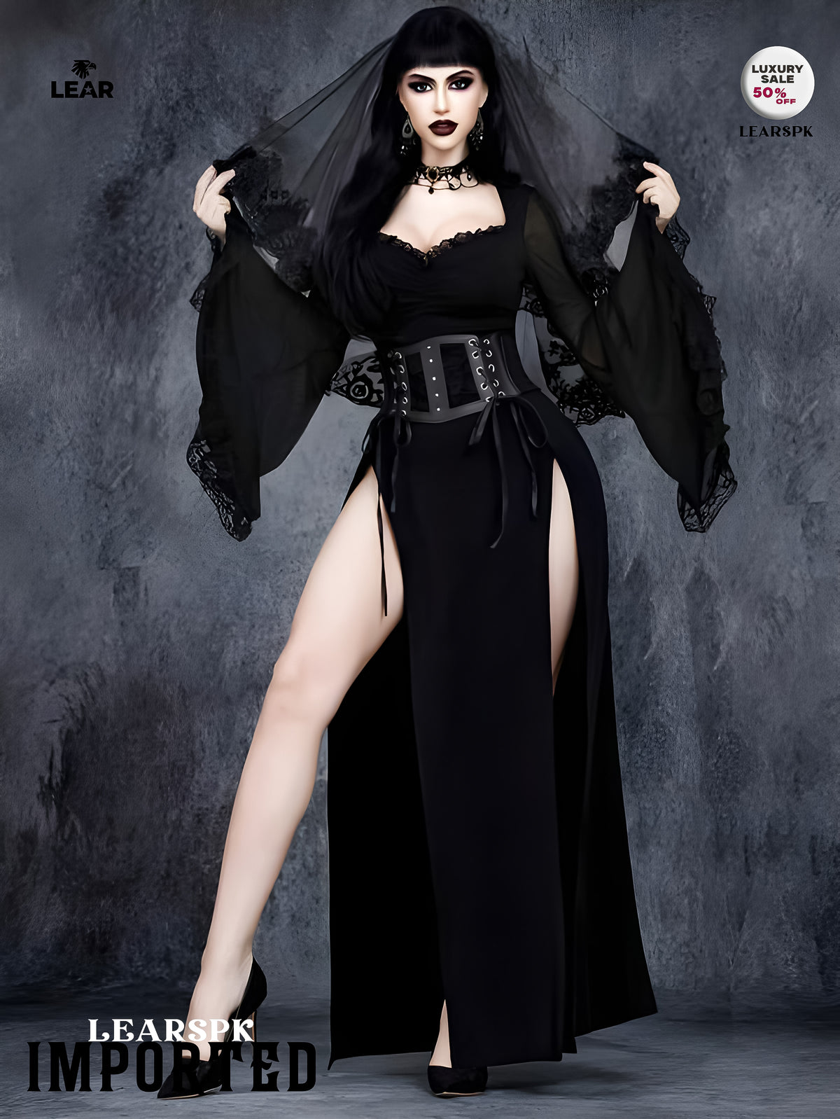 Gothic Velvet Maxi Dress: Lace Sleeves, Corset Waist, Halloween Witch Costume