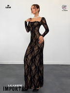 Beige Lace Bodycon Maxi Dress | Long Sleeve Wedding Guest Gown