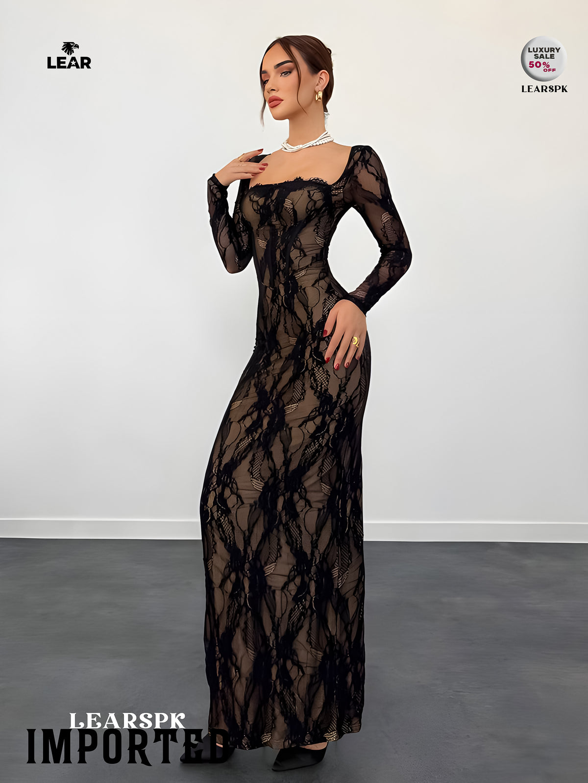 Beige Lace Bodycon Maxi Dress | Long Sleeve Wedding Guest Gown