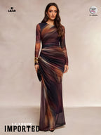 Dark Purple Floral Pleated Mermaid Dress | Long Sleeve Midi