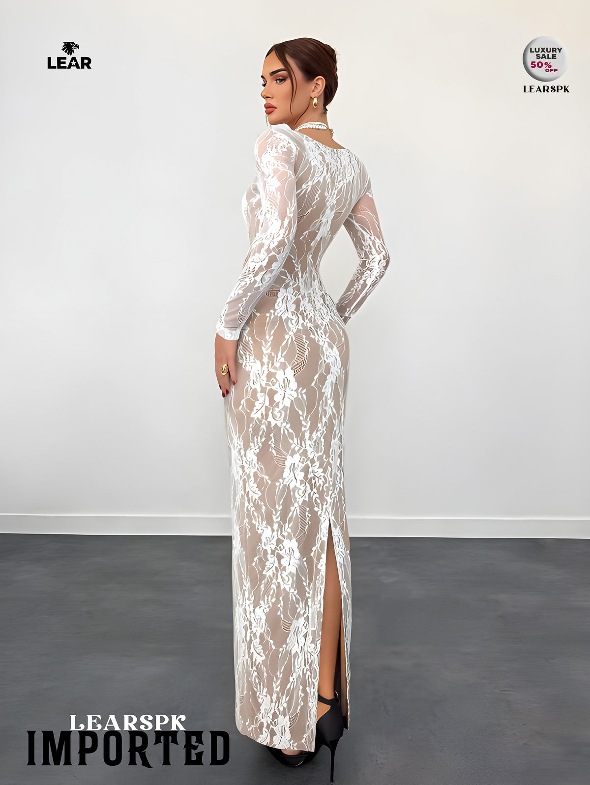 Beige Lace Bodycon Maxi Dress | Long Sleeve Wedding Guest Gown