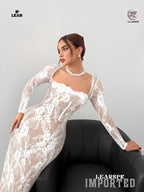 Beige Lace Bodycon Maxi Dress | Long Sleeve Wedding Guest Gown