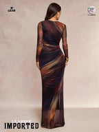 Dark Purple Floral Pleated Mermaid Dress | Long Sleeve Midi