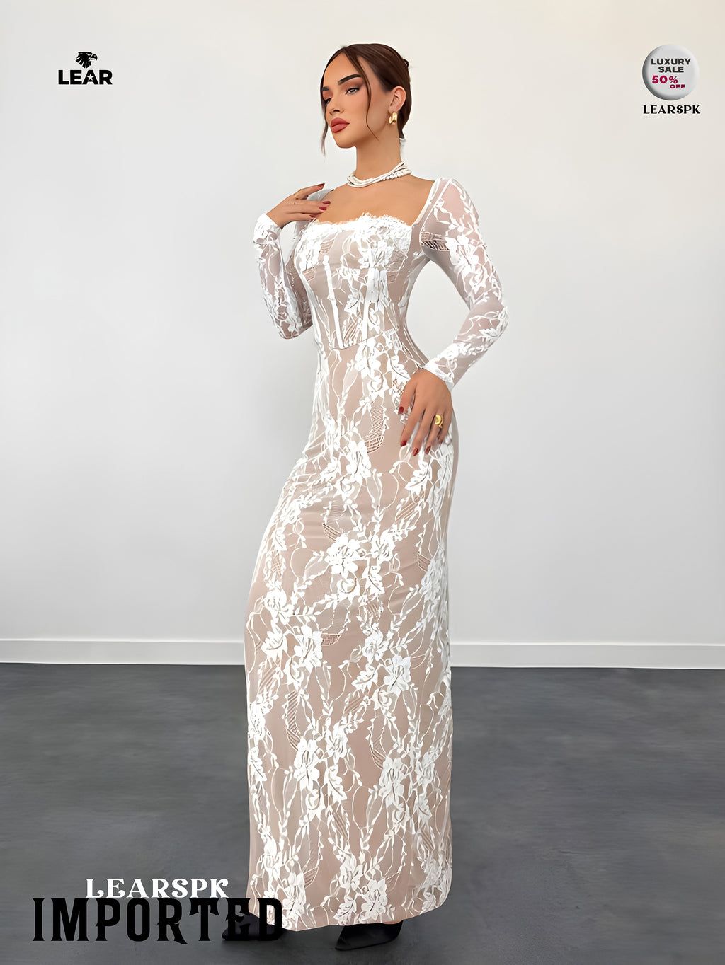 Beige Lace Bodycon Maxi Dress | Long Sleeve Wedding Guest Gown