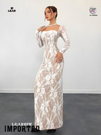 Beige Lace Bodycon Maxi Dress | Long Sleeve Wedding Guest Gown