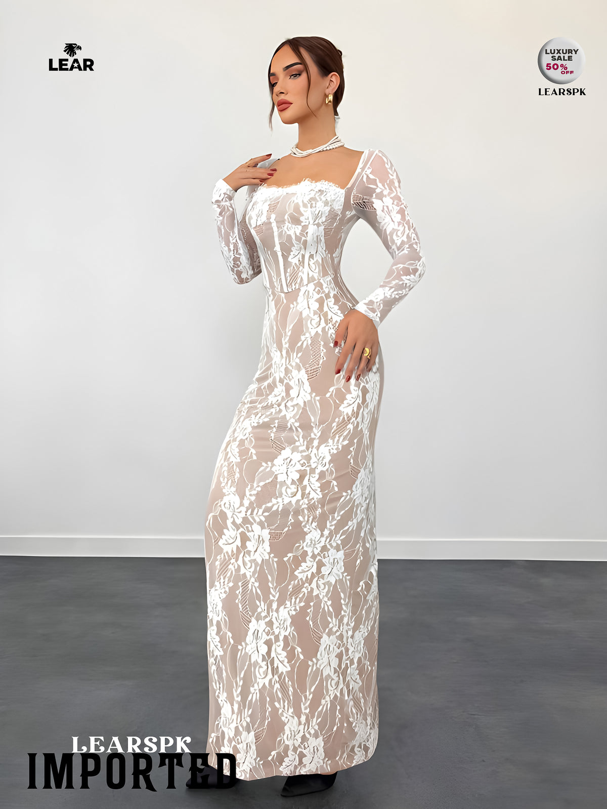 Beige Lace Bodycon Maxi Dress | Long Sleeve Wedding Guest Gown