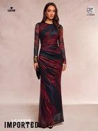 Dark Purple Floral Pleated Mermaid Dress | Long Sleeve Midi