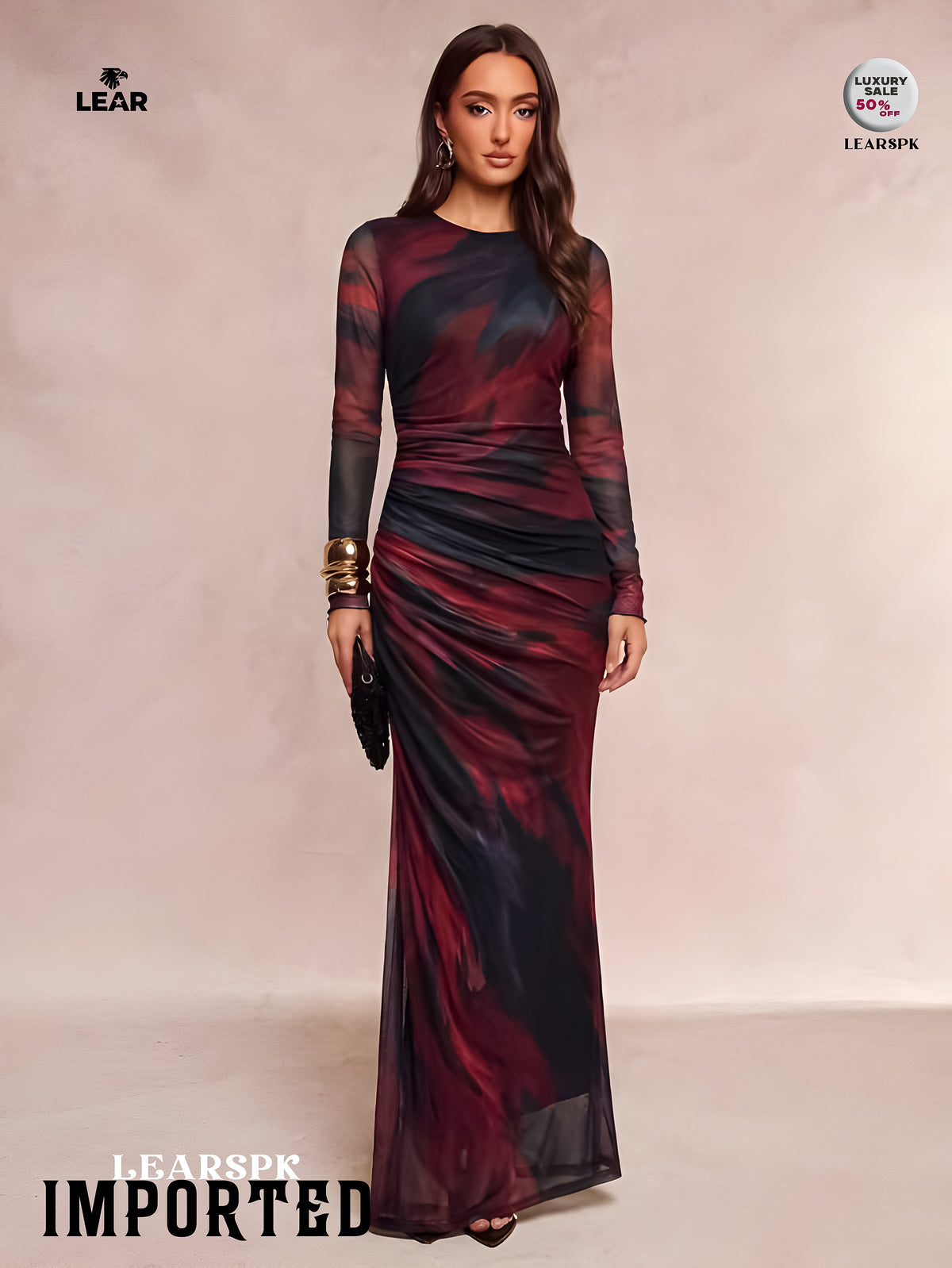 Dark Purple Floral Pleated Mermaid Dress | Long Sleeve Midi