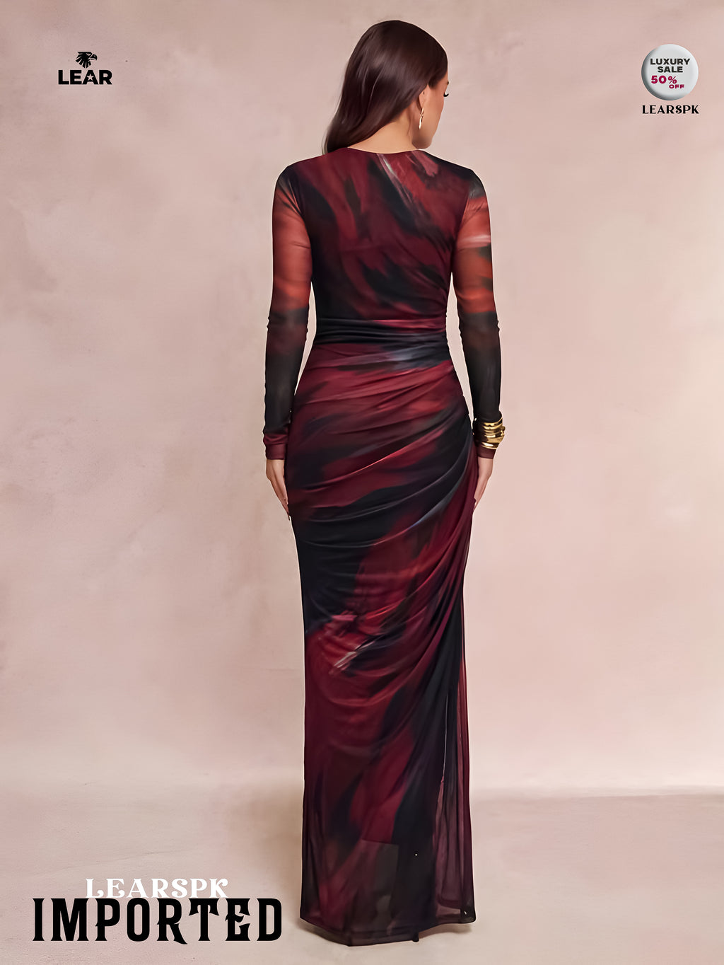 Dark Purple Floral Pleated Mermaid Dress | Long Sleeve Midi