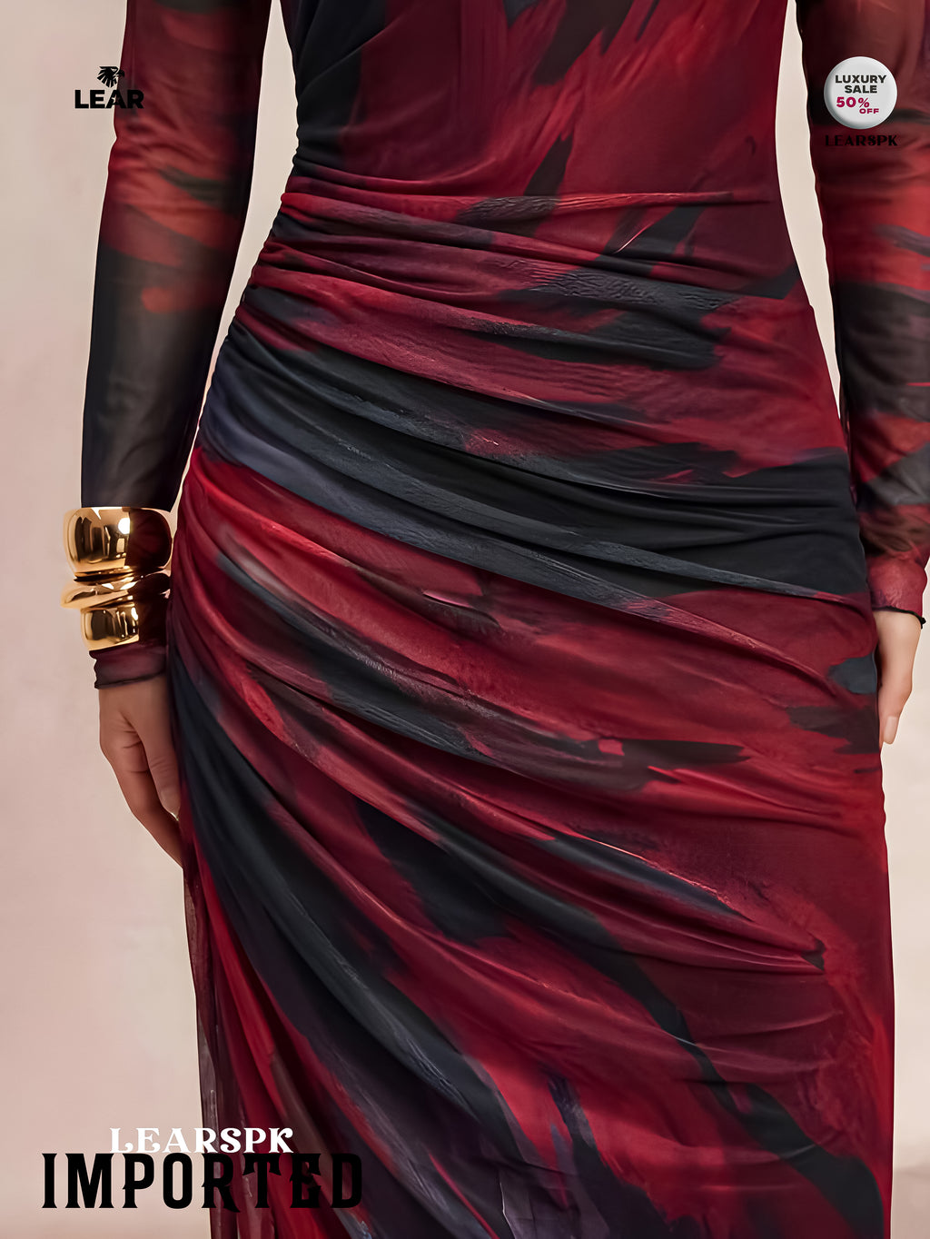 Dark Purple Floral Pleated Mermaid Dress | Long Sleeve Midi