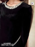 Velvet Rhinestone Trim Formal Dress | Long Sleeve Evening Gown