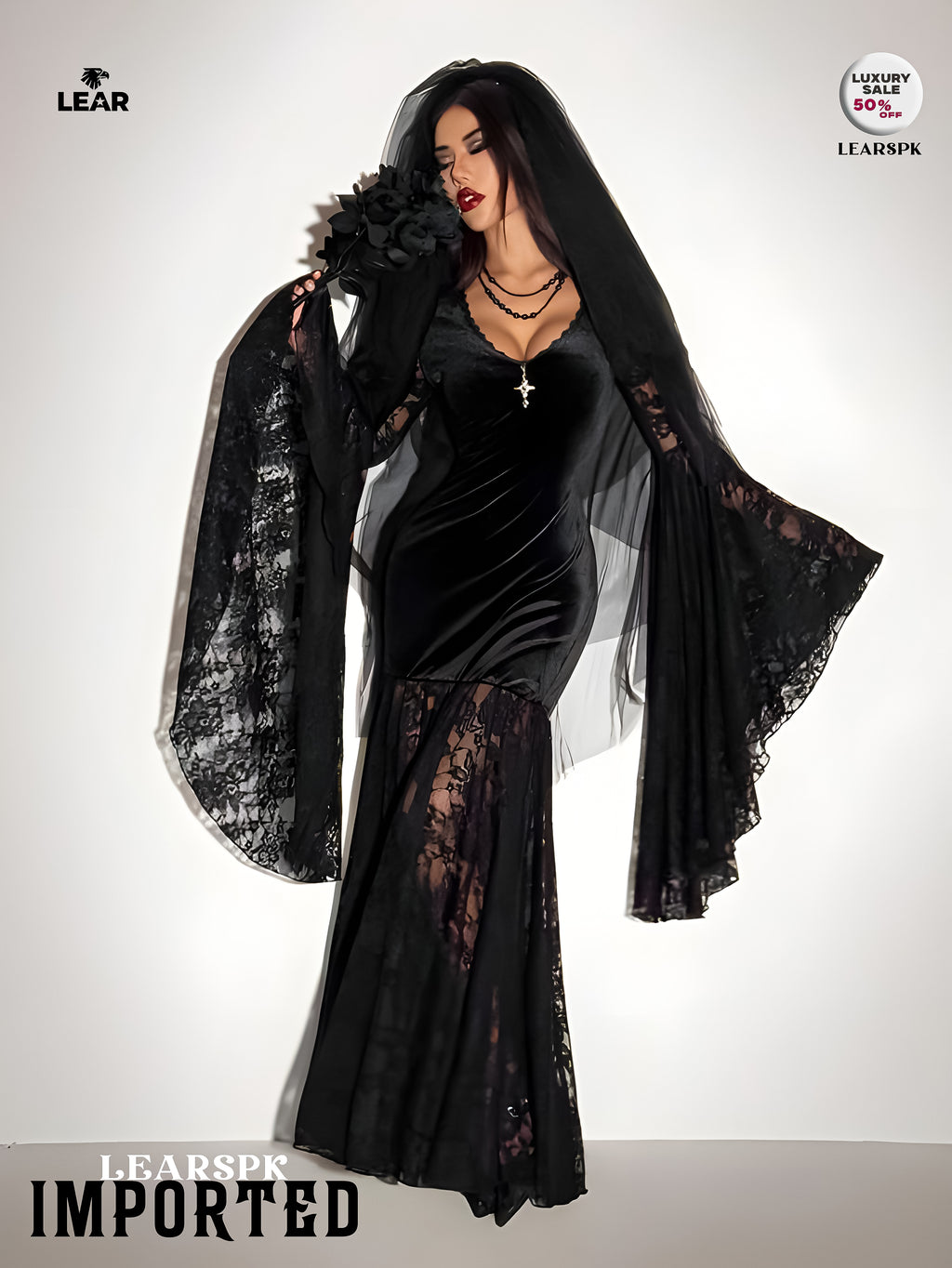 Gothic Black Velvet Dress | Flare Sleeve Lace Hem Witch Vampire