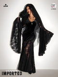 Gothic Black Velvet Dress | Flare Sleeve Lace Hem Witch Vampire
