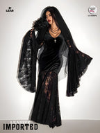 Gothic Black Velvet Dress | Flare Sleeve Lace Hem Witch Vampire