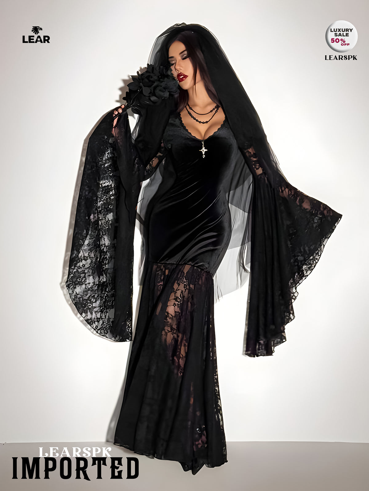 Gothic Black Velvet Dress | Flare Sleeve Lace Hem Witch Vampire