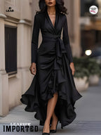 Satin Wrap Maxi Dress | Long Sleeve Belted High Low Evening Gown