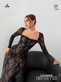 Beige Lace Bodycon Maxi Dress | Long Sleeve Wedding Guest Gown