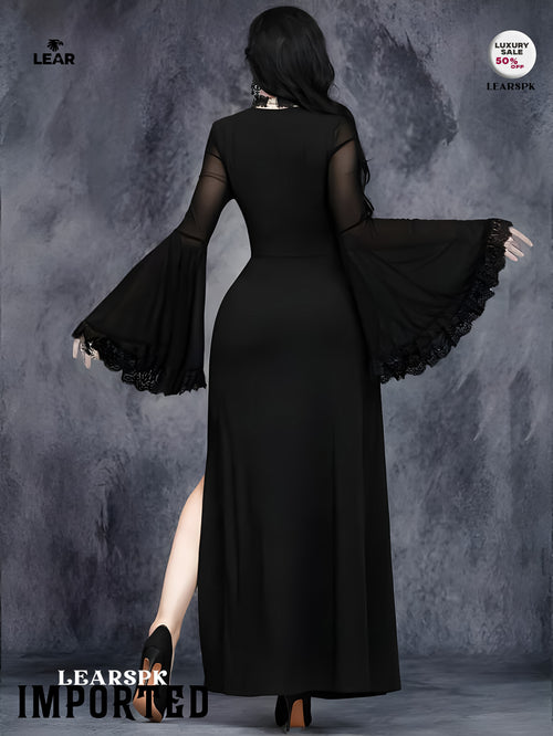 Gothic Velvet Maxi Dress: Lace Sleeves, Corset Waist, Halloween Witch Costume