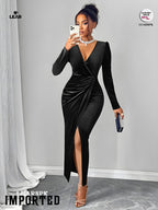 Black Velvet Wrap Dress | Long Sleeve Deep V Ruched Slit Gown
