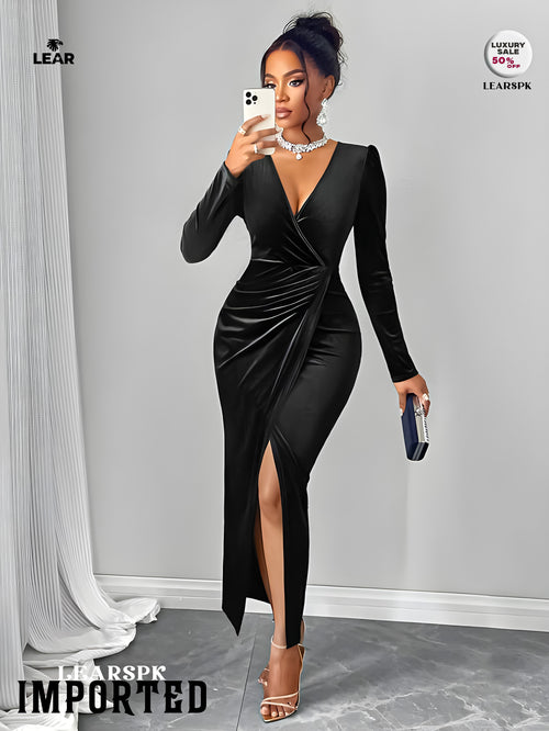 Black Velvet Wrap Dress | Long Sleeve Deep V Ruched Slit Gown
