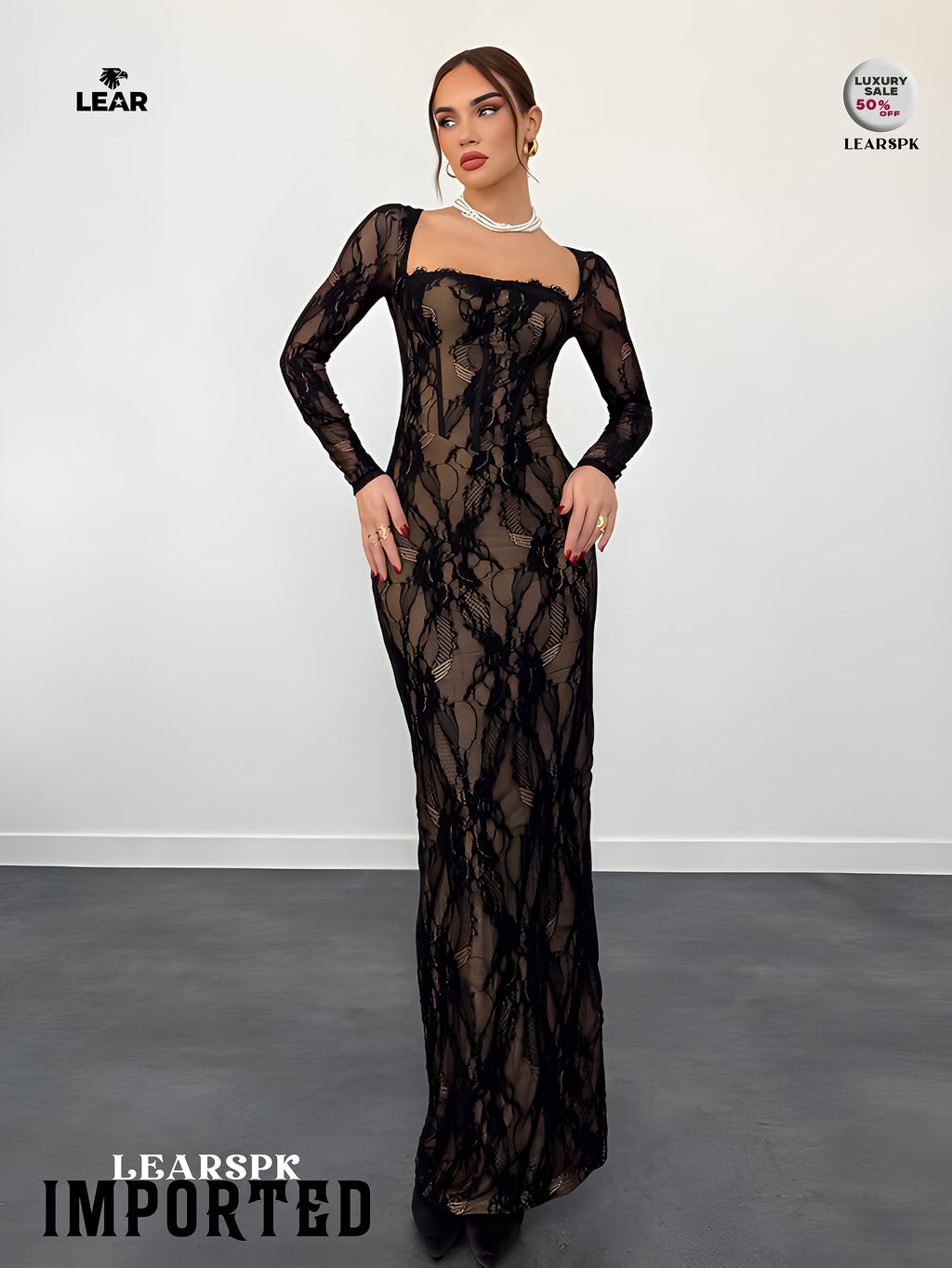 Beige Lace Bodycon Maxi Dress | Long Sleeve Wedding Guest Gown
