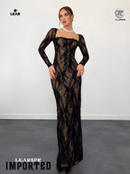 Beige Lace Bodycon Maxi Dress | Long Sleeve Wedding Guest Gown
