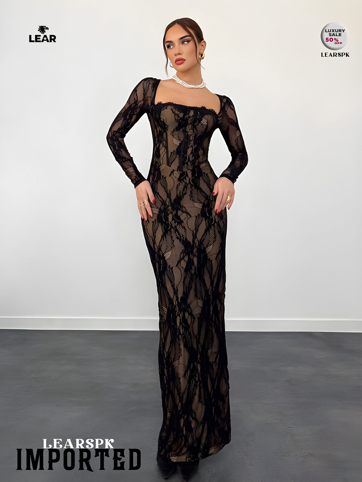 Beige Lace Bodycon Maxi Dress | Long Sleeve Wedding Guest Gown