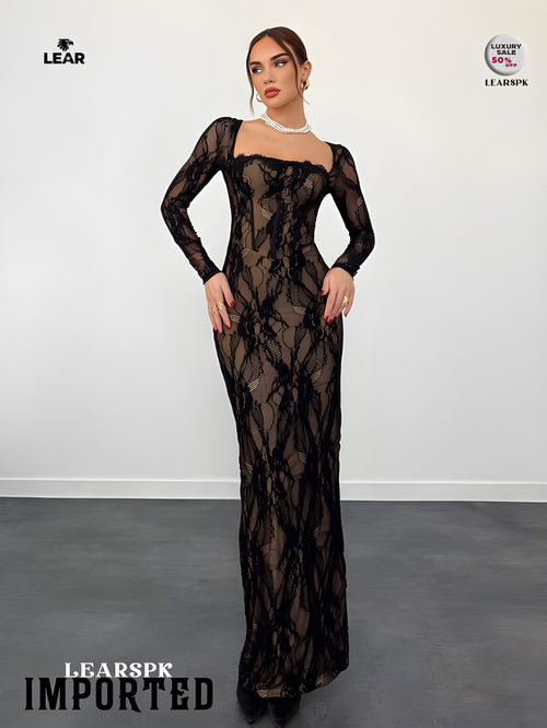 Beige Lace Bodycon Maxi Dress | Long Sleeve Wedding Guest Gown