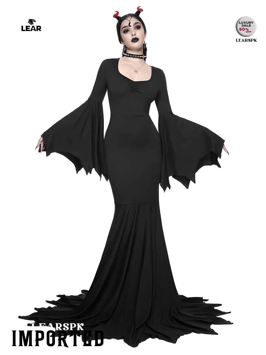Gothic Black Mermaid Maxi Dress | Flare Sleeve Sweetheart Neck