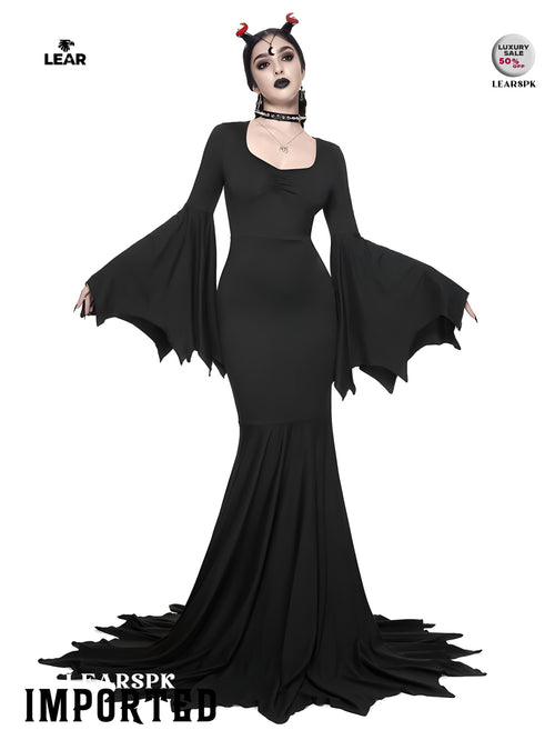 Gothic Black Mermaid Maxi Dress | Flare Sleeve Sweetheart Neck