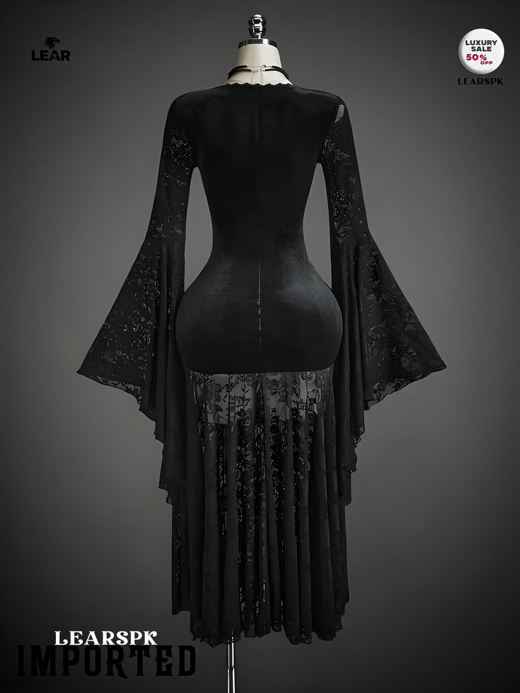 Gothic Black Velvet Dress | Flare Sleeve Lace Hem Witch Vampire