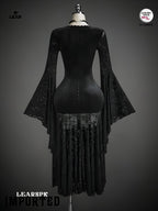 Gothic Black Velvet Dress | Flare Sleeve Lace Hem Witch Vampire