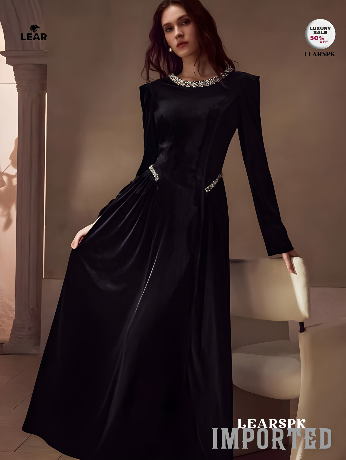 Velvet Rhinestone Trim Formal Dress | Long Sleeve Evening Gown