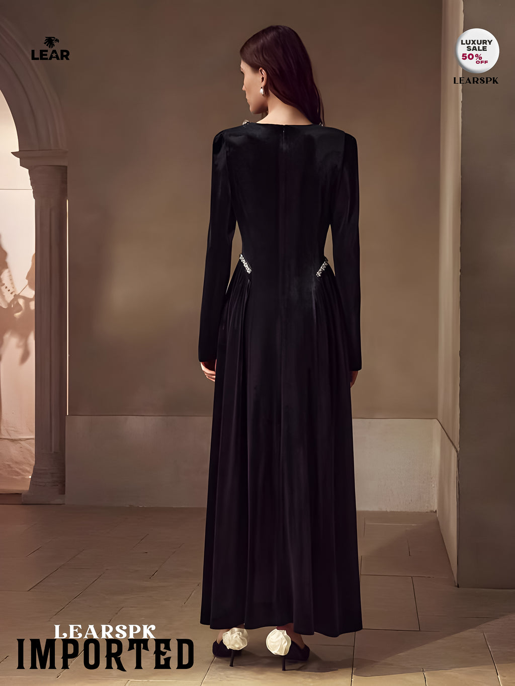 Velvet Rhinestone Trim Formal Dress | Long Sleeve Evening Gown