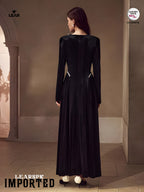 Velvet Rhinestone Trim Formal Dress | Long Sleeve Evening Gown
