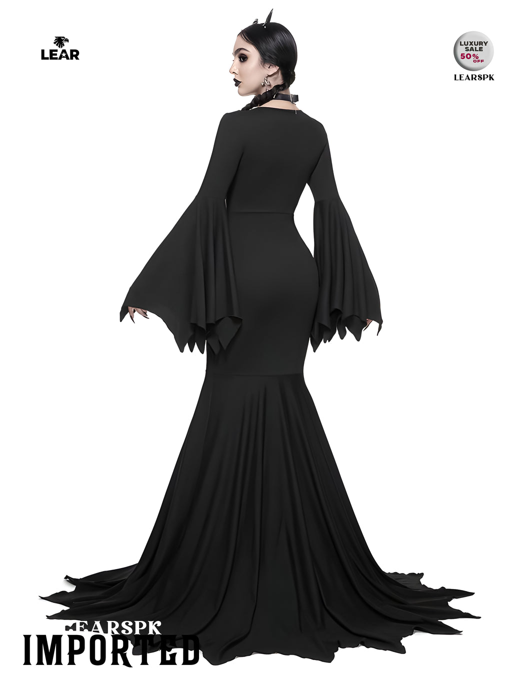 Gothic Black Mermaid Maxi Dress | Flare Sleeve Sweetheart Neck