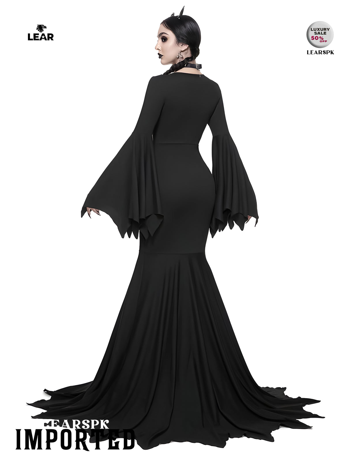 Gothic Black Mermaid Maxi Dress | Flare Sleeve Sweetheart Neck