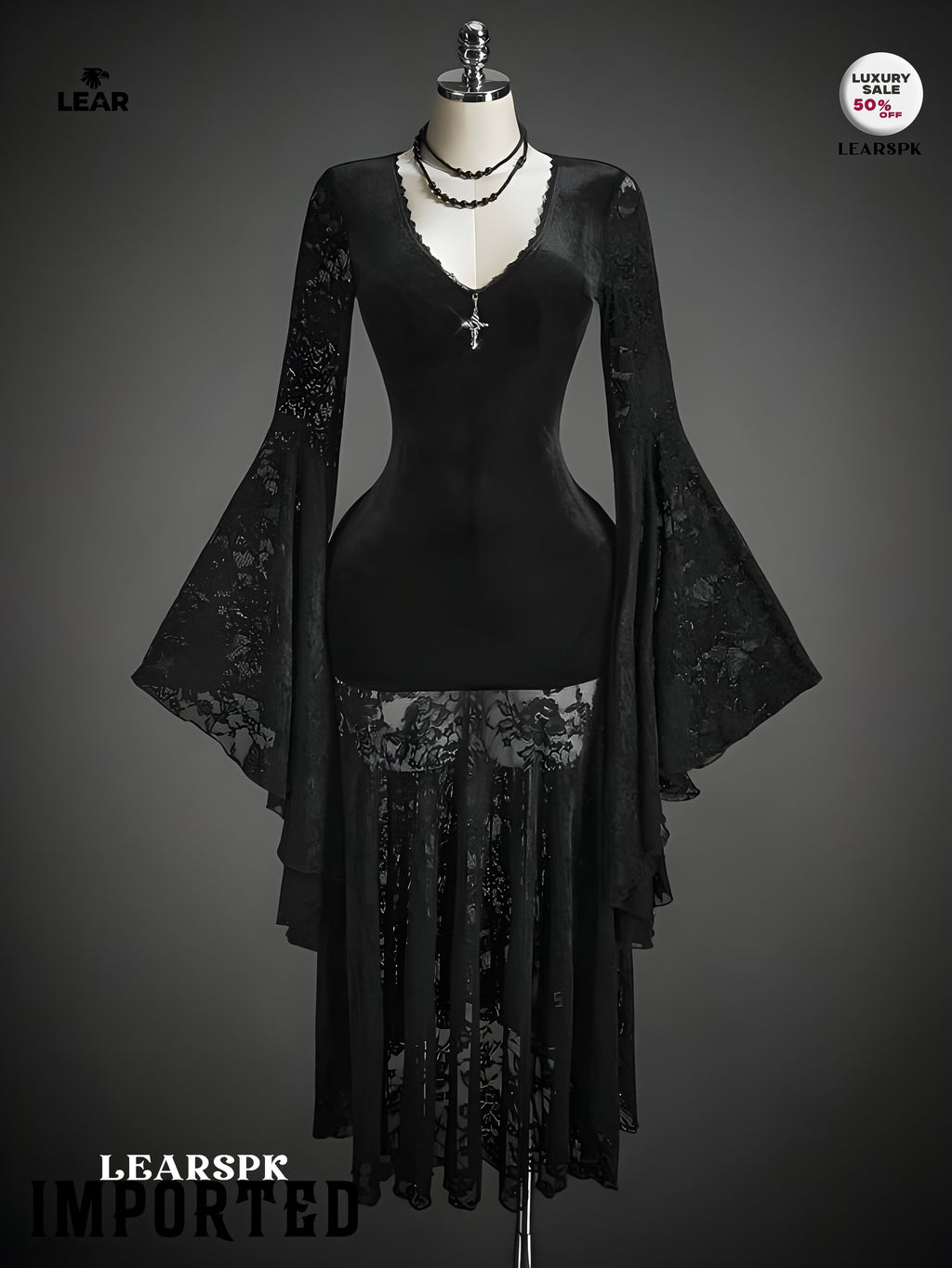 Gothic Black Velvet Dress | Flare Sleeve Lace Hem Witch Vampire