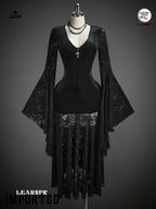 Gothic Black Velvet Dress | Flare Sleeve Lace Hem Witch Vampire