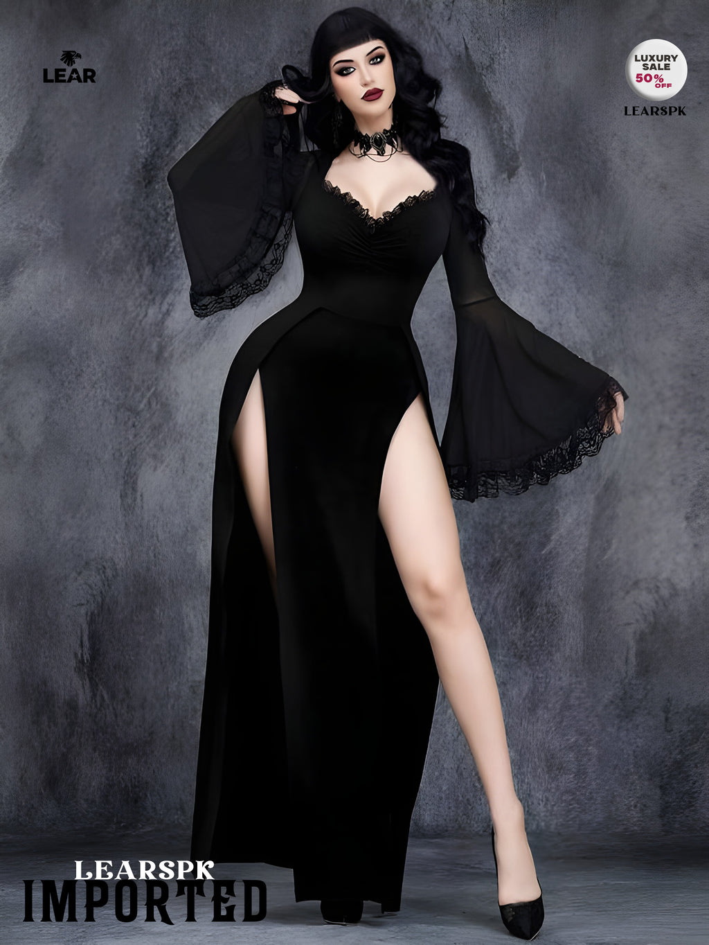 Gothic Velvet Maxi Dress: Lace Sleeves, Corset Waist, Halloween Witch Costume