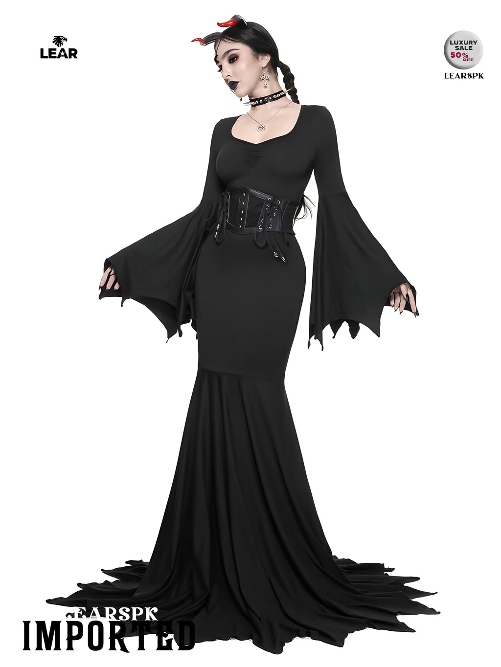 Gothic Black Mermaid Maxi Dress | Flare Sleeve Sweetheart Neck
