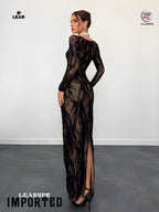 Beige Lace Bodycon Maxi Dress | Long Sleeve Wedding Guest Gown