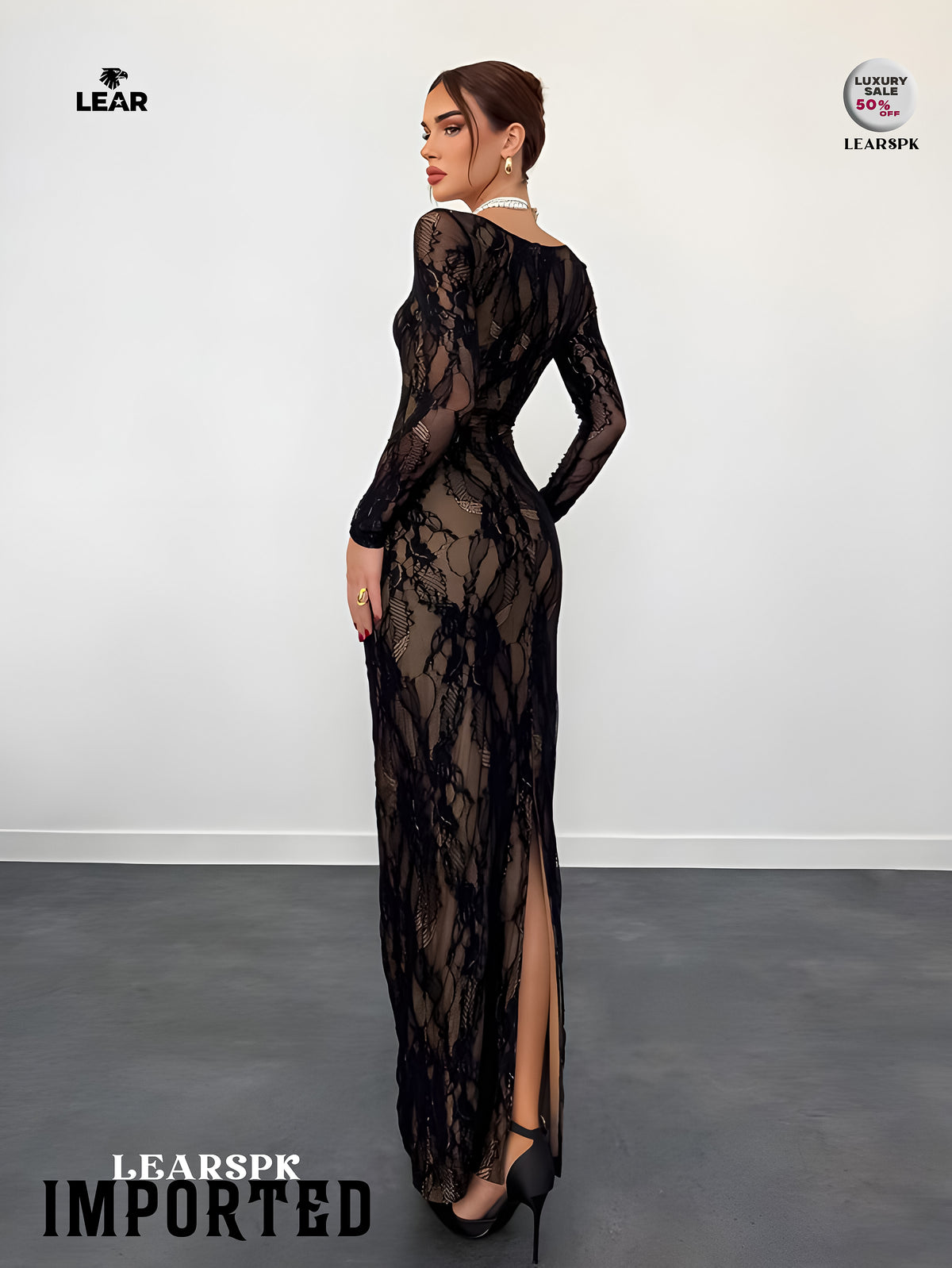Beige Lace Bodycon Maxi Dress | Long Sleeve Wedding Guest Gown