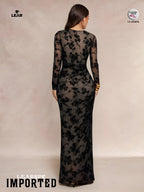Dark Purple Floral Pleated Mermaid Dress | Long Sleeve Midi