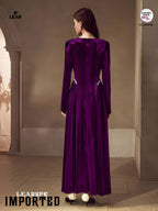 Velvet Rhinestone Trim Formal Dress | Long Sleeve Evening Gown