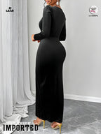 Black Velvet Wrap Dress | Long Sleeve Deep V Ruched Slit Gown