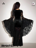 Gothic Black Velvet Dress | Flare Sleeve Lace Hem Witch Vampire