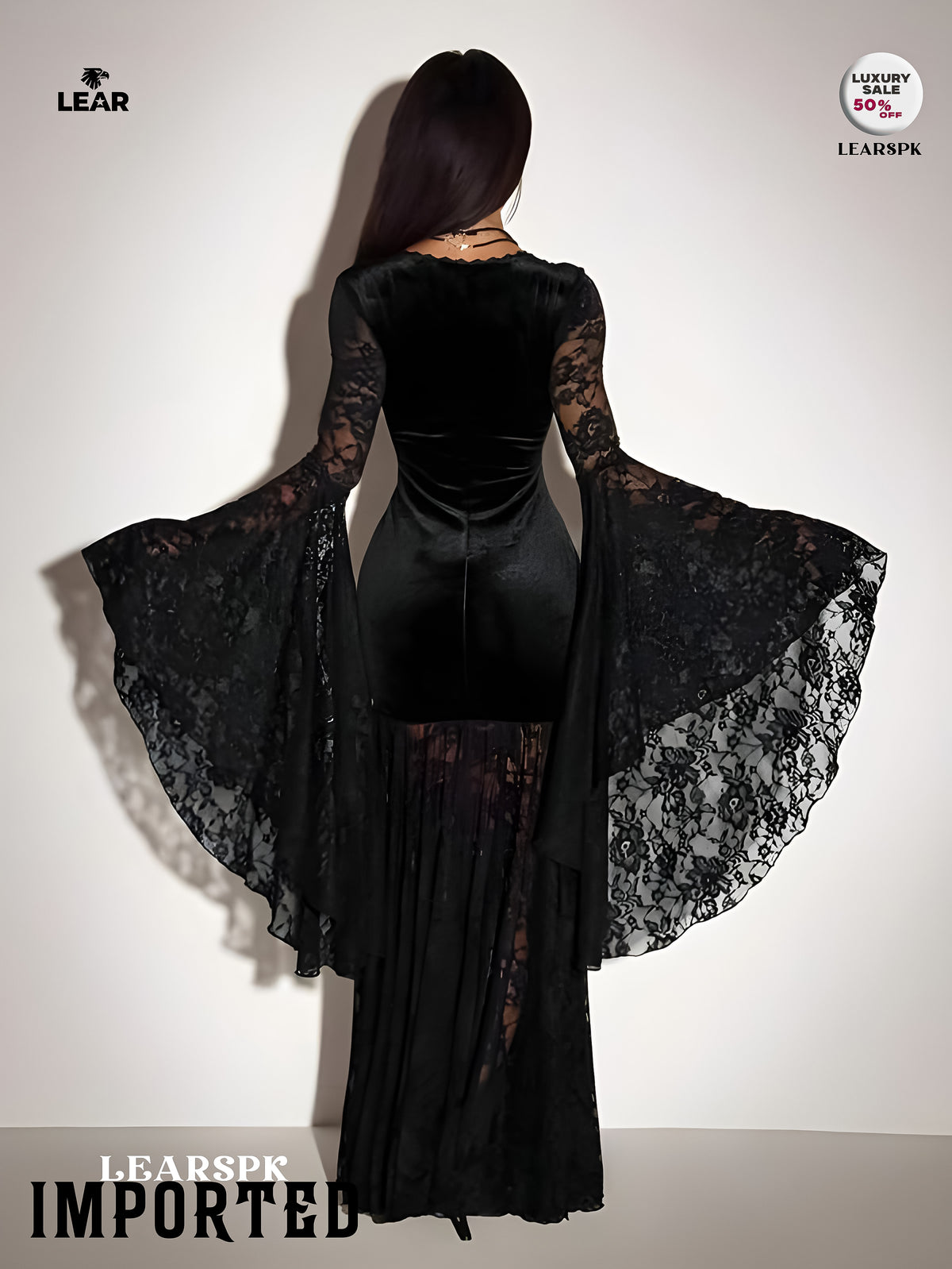 Gothic Black Velvet Dress | Flare Sleeve Lace Hem Witch Vampire